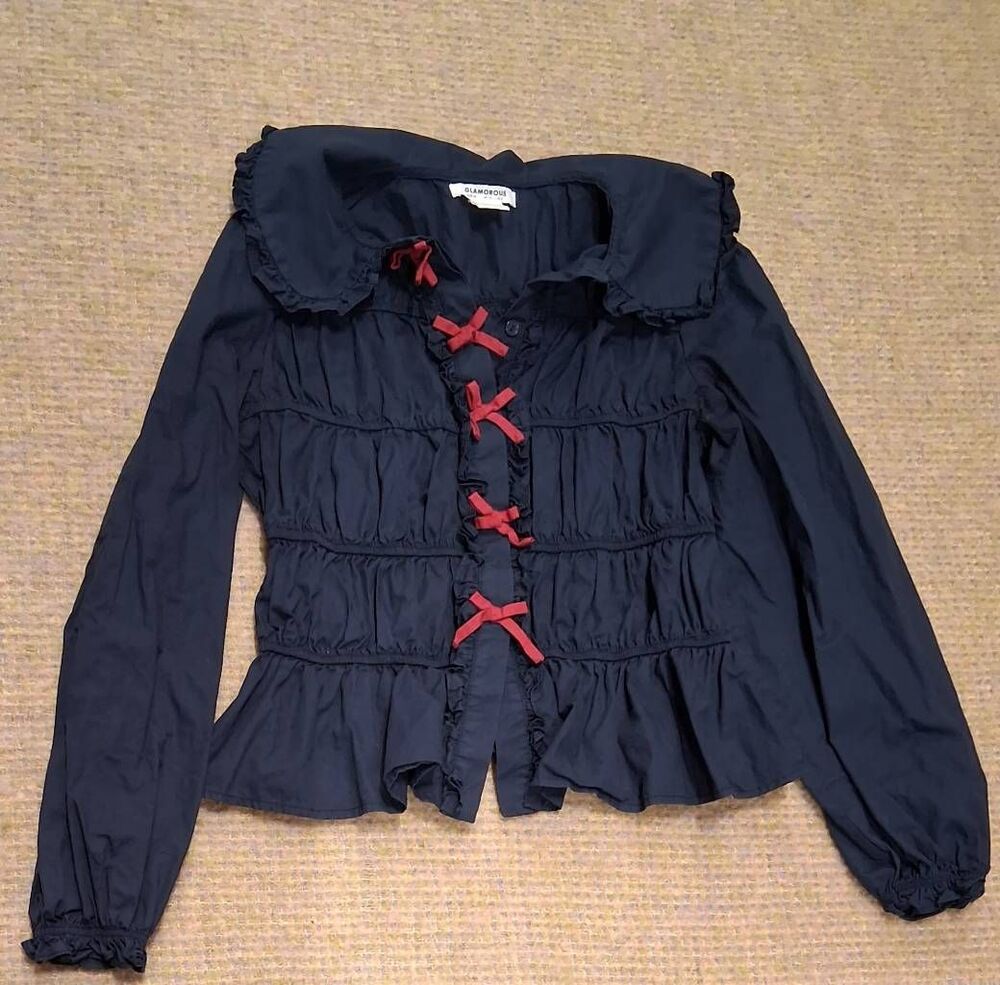 Glamorous uk womens size 6 small shawl collar blouse cotton blue red ruched